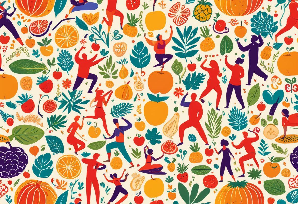 A vibrant collage illustrating various health insurance options, showcasing diverse individuals from different backgrounds happily engaging in healthy activities like yoga, jogging, and cooking. Include symbols of health such as fruits, stethoscopes, and insurance cards creatively intertwined in the design. The image should convey a sense of community, positivity, and accessibility. bright colors. vector art.