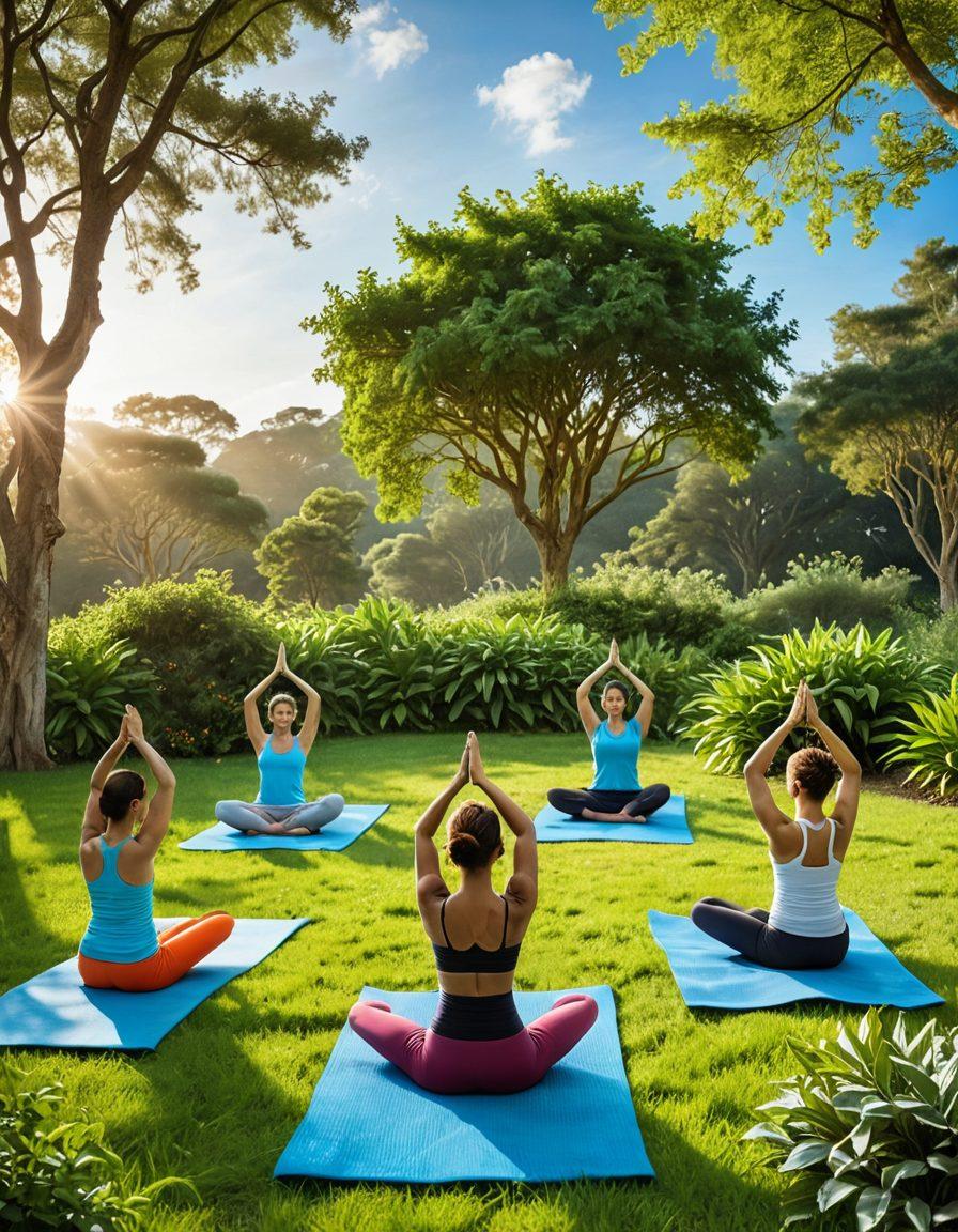 A serene scene depicting a diverse group of happy individuals engaging in wellness activities, like yoga and meditation outdoors. The setting features lush green landscapes and a bright blue sky, symbolizing health and positivity. Include visual elements like floating health insurance policy icons and a checklist of coverage options in a stylized infographic format. The warm sunlight casts a soft glow, reinforcing the theme of wellness and care. super-realistic. vibrant colors. 3D.