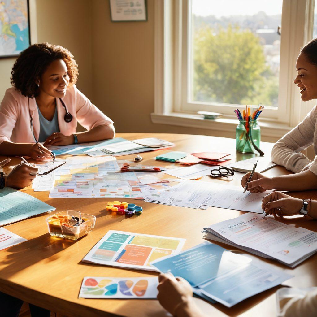 A diverse group of people joyfully discussing health coverage options around a bright table filled with health pamphlets and calculators, with a large map of healthcare plans pinned on the wall in the background. A warm sunlight filtering through a window symbolizes hope and guidance. Include elements like health symbols (stethoscope, heart) scattered around. vibrant colors. super-realistic.